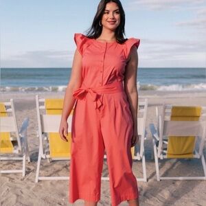 Gal Meets Glam Women's Saffron Ruffle Shoulder Jumpsuit, Cropped Size 12